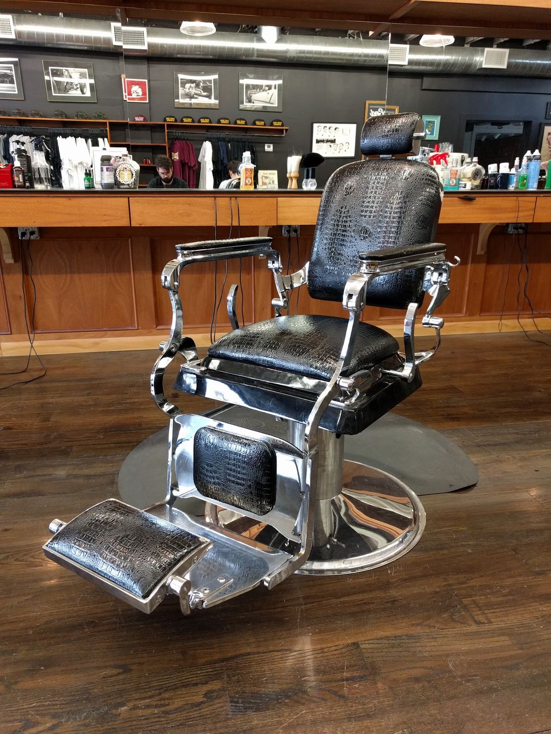 A vintage chrome barber chair at East End