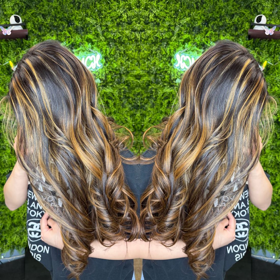 Golden highlights through dark hair