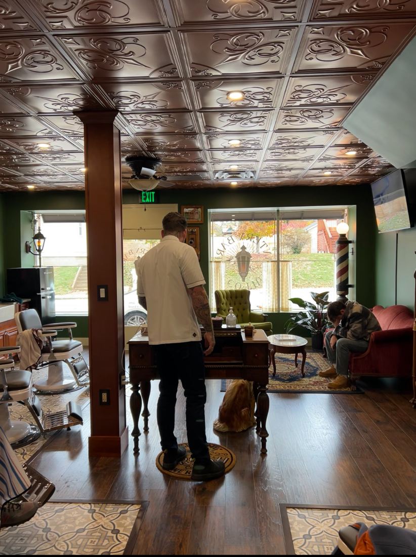 The pressed tin ceiling and the shop floor